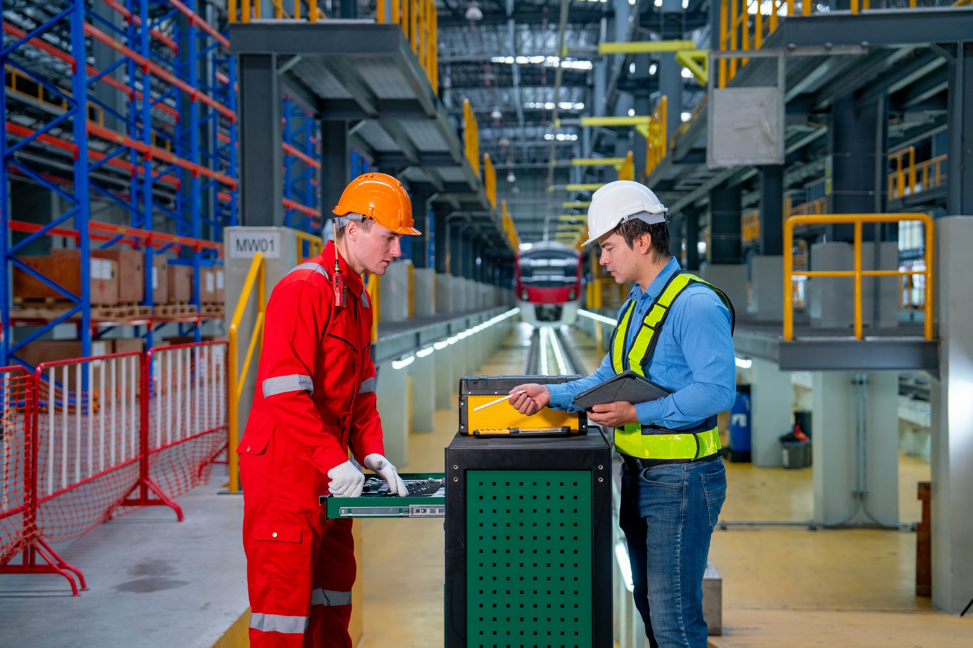 Technician and engineer worker discuss about tools and equipment with cabinet in front of railroad